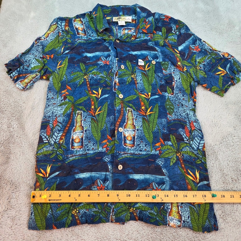 Joe Marlin Corona Extra‎ Hawaiian Shirt Mens M Short Sleeve Rayon Tropical Blue